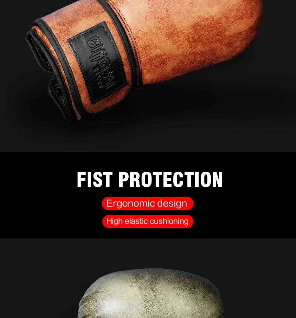 A close-up view of a brown retro PU leather boxing glove with black trim and ergonomic design features.