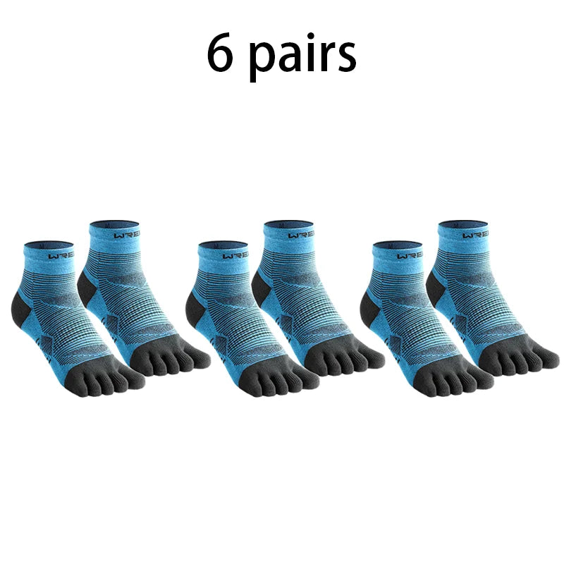 Six pairs of blue compression socks with a mesh pattern displayed side by side.