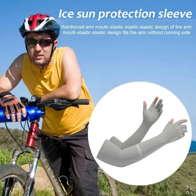 A man wearing a yellow shirt and helmet is shown using an ice sun protection sleeve on his arm while cycling outdoors.