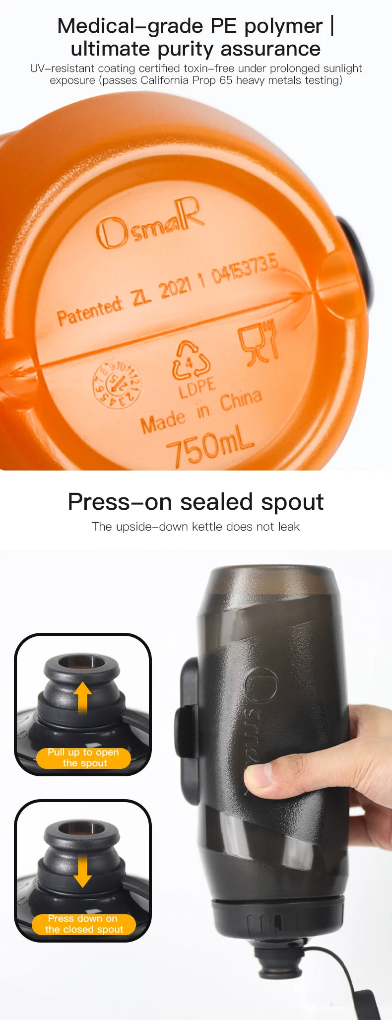 Orange medical-grade PE polymer kettle with a press-on sealed spout and black body.