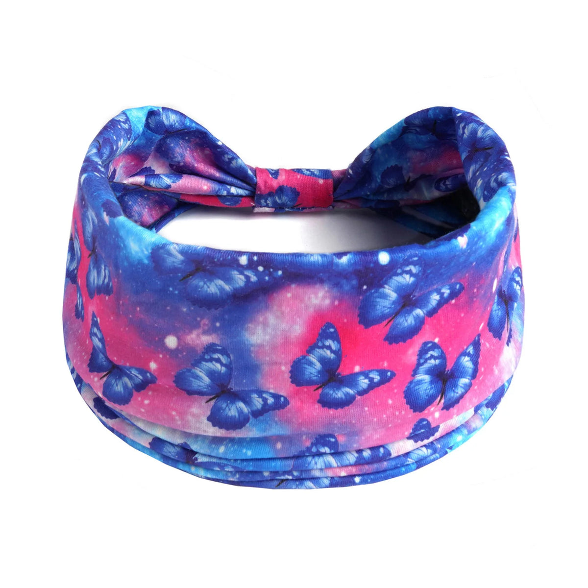 Lila und blau gemusterte Baumwoll-Yoga-Haube, mit Schleife gebunden.