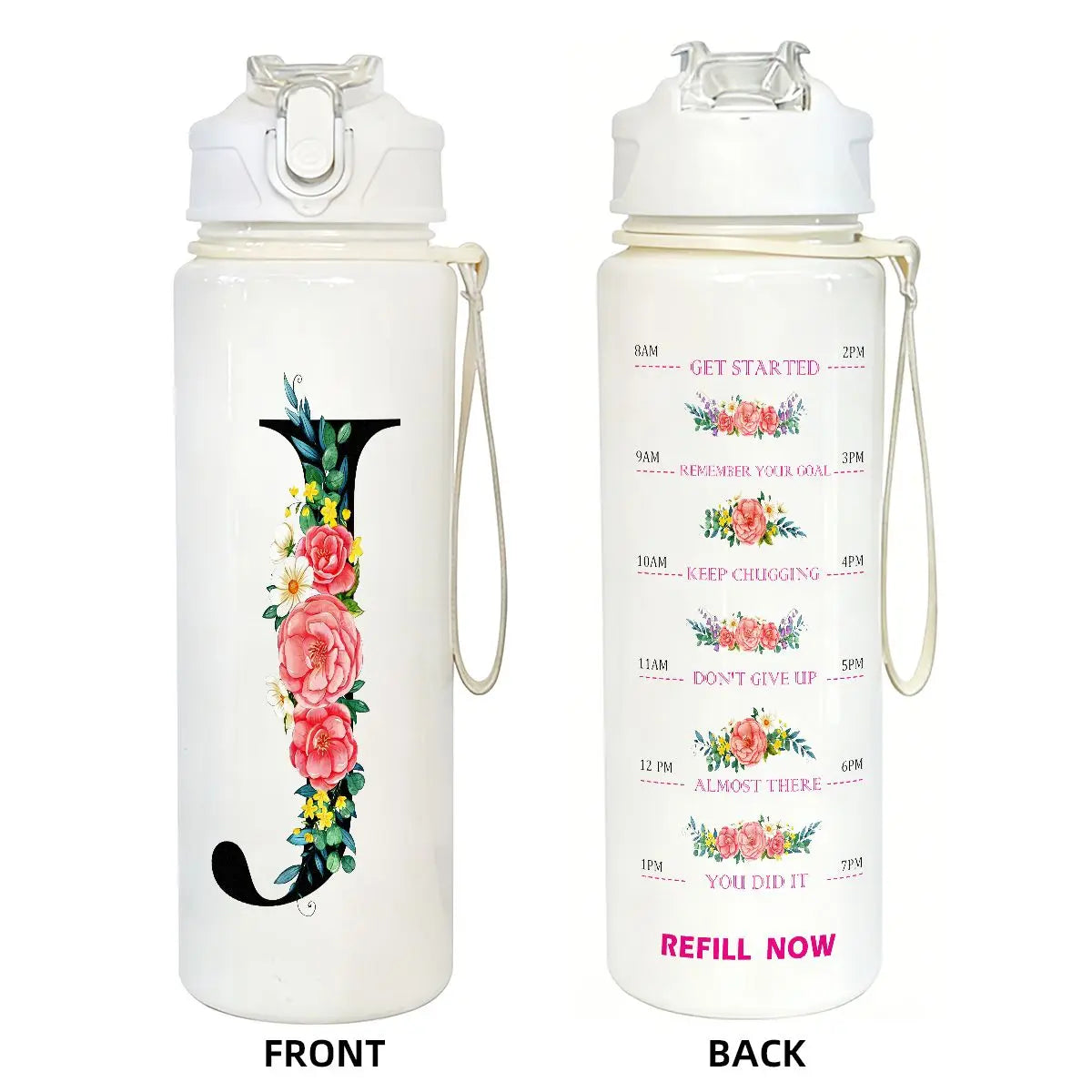 Front and back views of a white insulated straw tumbler for hydration