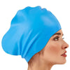 A close-up of a bright blue silicone swim cap being worn on a woman's head.