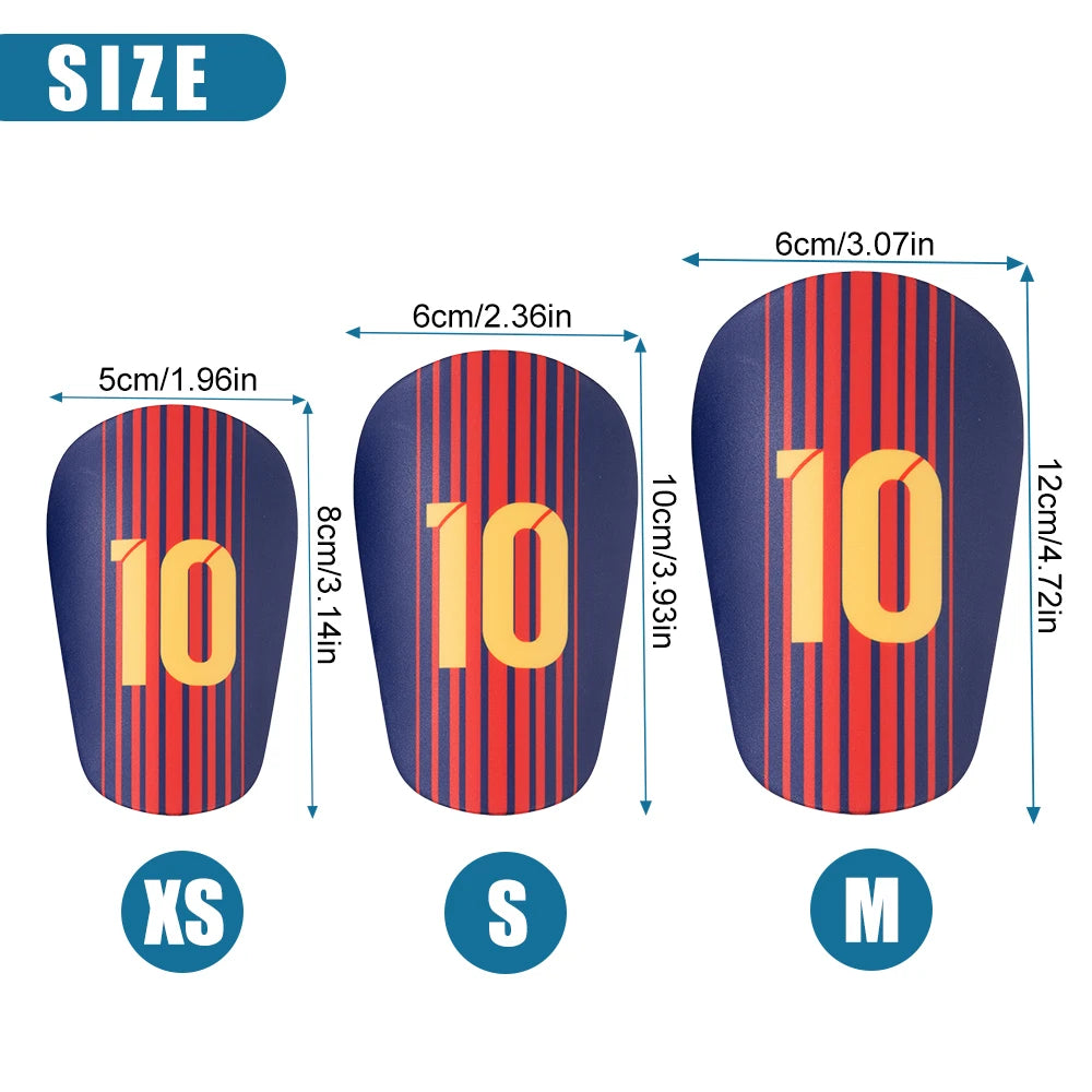 Three mini soccer shin guards labeled XS, S, and M showing size measurements in centimeters and inches.
