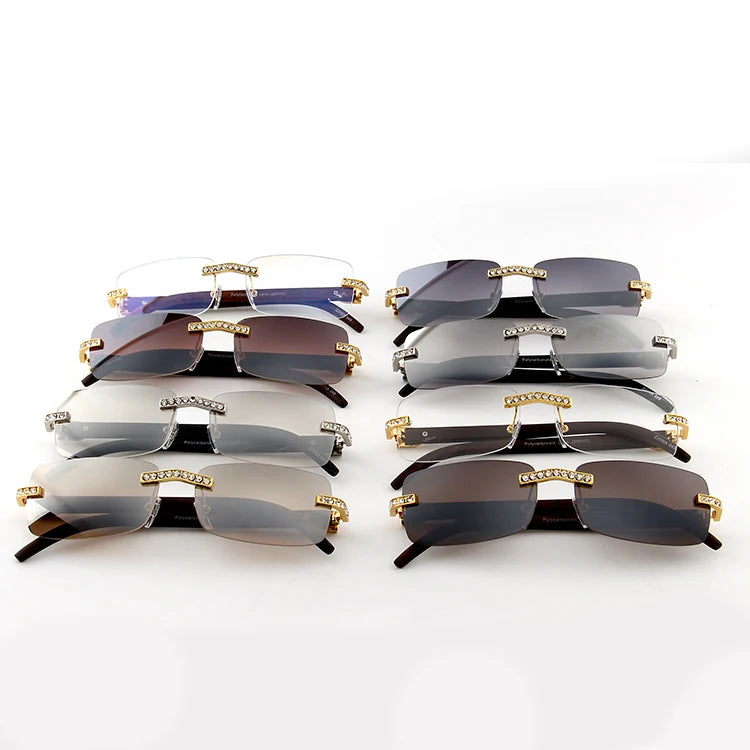 Colección de gafas de sol sin montura de diamantes vintage en varios tonos de gris y marrón.