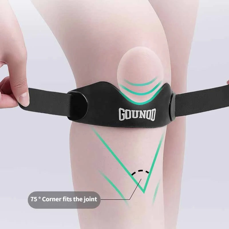 A black silicone patellar strap is shown being applied to a person's knee joint for support.