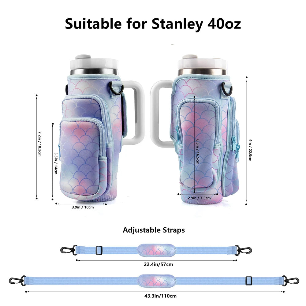 Purple silicone strap adjustable carrier bag designed to fit a Stanley 40oz water bottle.