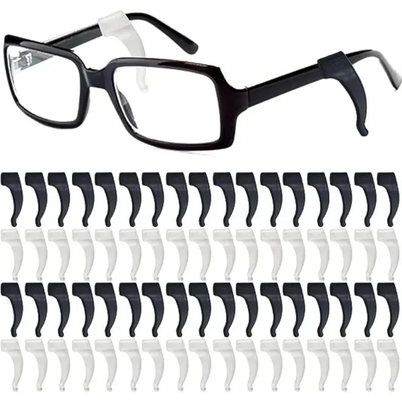 A set of silicone eyeglass ear hooks for anti-slip grip shown in various colors and shapes.
