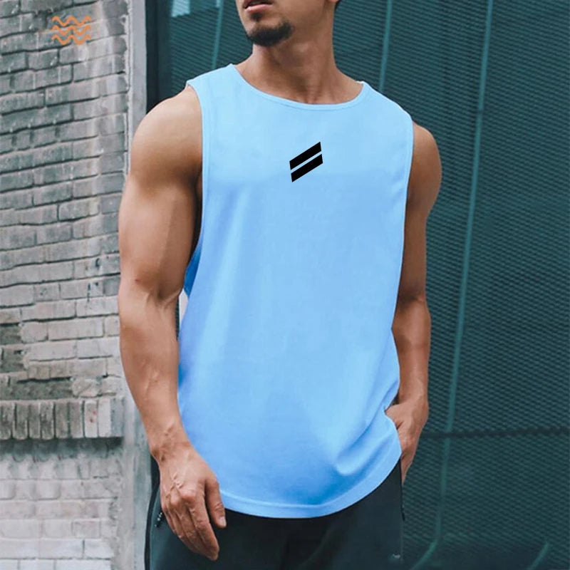 A muscular man wearing a light blue sleeveless sports tank top with a black stripe logo.