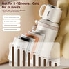 A silver insulated water bottle with a handle is shown next to a series of temperature strips demonstrating its heat retentio