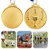 Three gold medals hanging on a ribbon, next to photos of sports achievements.