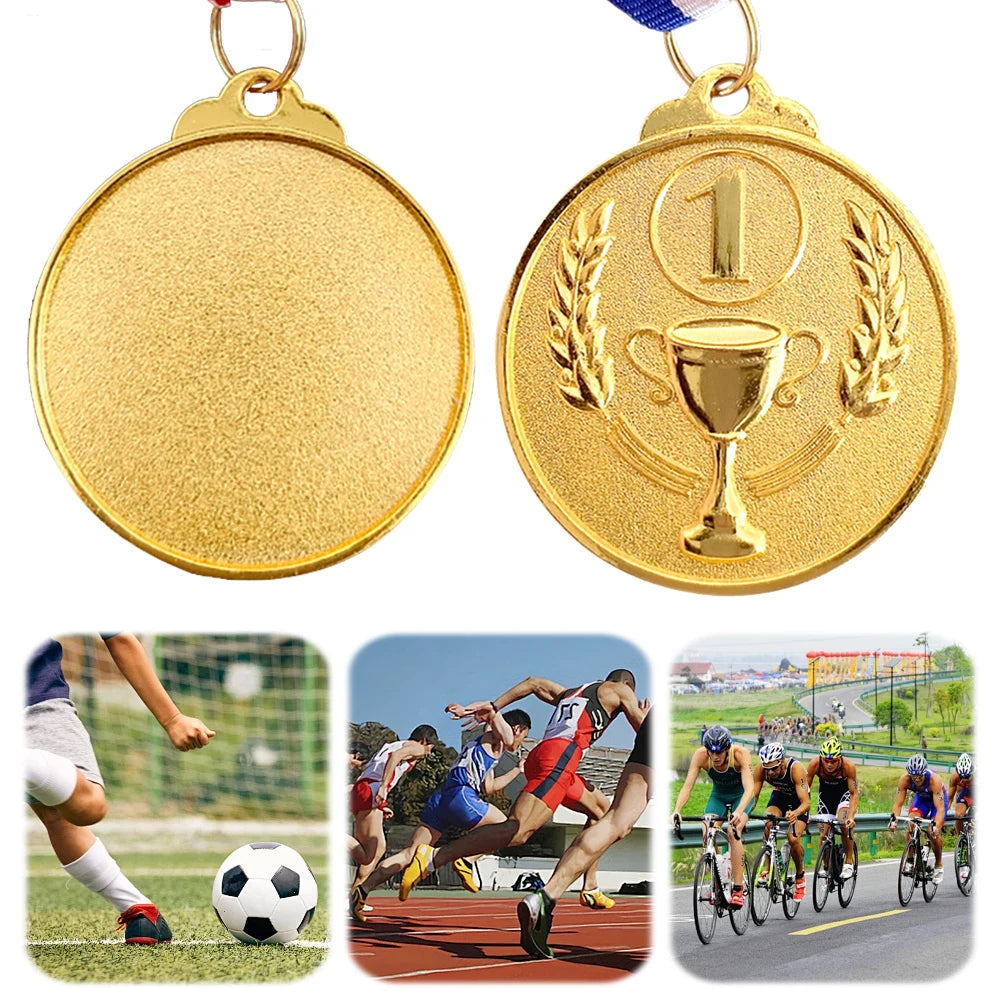 Three gold medals hanging on a ribbon, next to photos of sports achievements.