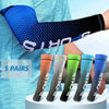 Five pairs of blue, green, and orange UV protection arm cooling sleeves displayed on a white surface.