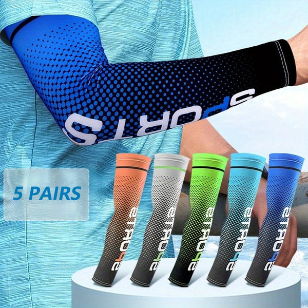 Five pairs of blue, green, and orange UV protection arm cooling sleeves displayed on a white surface.