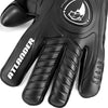 A close-up view of a black latex goalkeeper glove with a circular logo on the back.