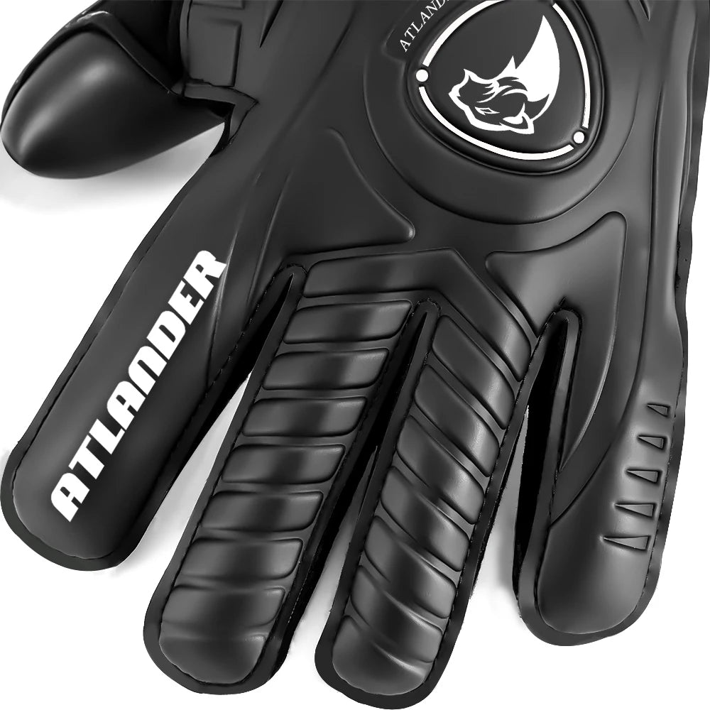A close-up view of a black latex goalkeeper glove with a circular logo on the back.