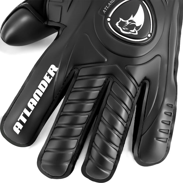 A close-up view of a black latex goalkeeper glove with a circular logo on the back.