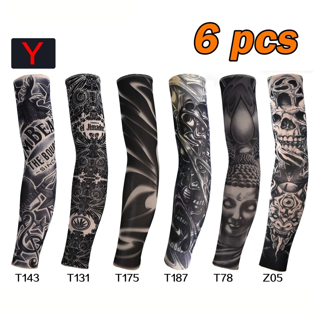 Six black and gray UV protection tattoo arm sleeves displayed in various designs and sizes.