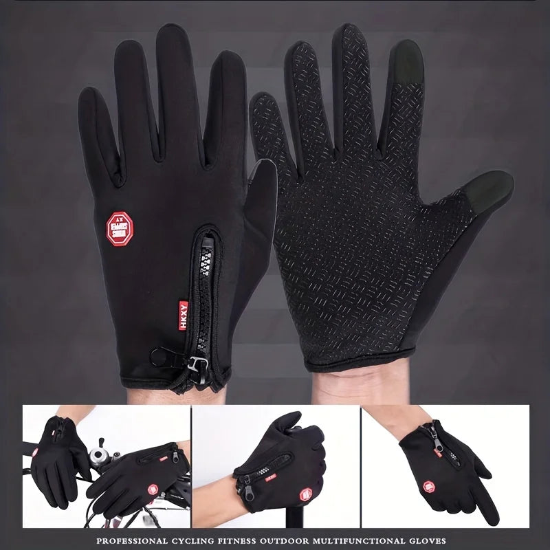 A pair of black multifunctional gloves shown in various views, including a close-up and on a hand.