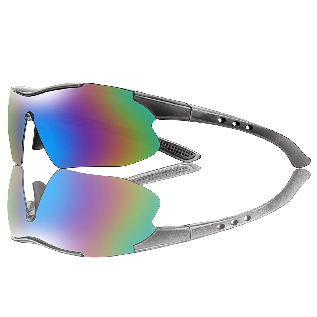 Lunettes de soleil sportives avec des verres miroirs et une monture argentée.