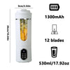 A white portable electric juicer with a clear container, 1300mAh battery, and 12 blades.