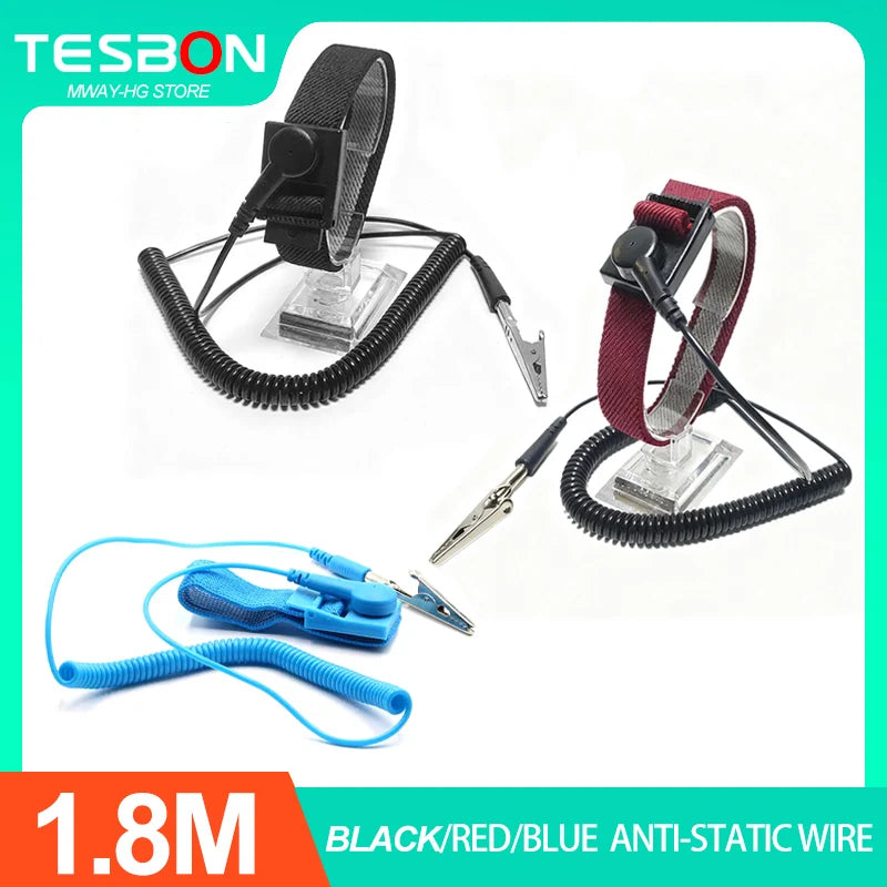 Adjustable ESD wrist strap in black, red, and blue anti-static wire for electronics safety