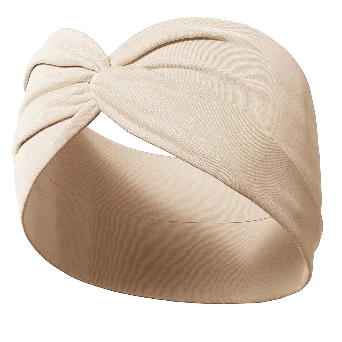 A beige fabric yoga headband tied in a voluminous knot, shown from the side.