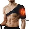 A man wearing a black electric heating wrap on his shoulder, demonstrating its use for pain relief.