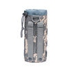 A gray and tan camouflage tactical MOLLE water bottle pouch with a blue top.