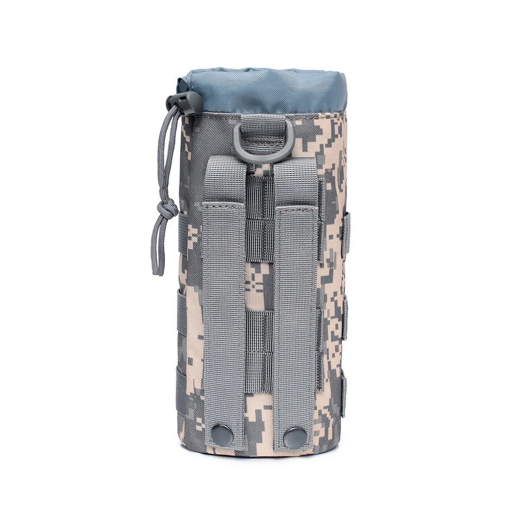 A gray and tan camouflage tactical MOLLE water bottle pouch with a blue top.