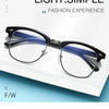 A pair of black-framed glasses with blue lenses displayed on a white background.