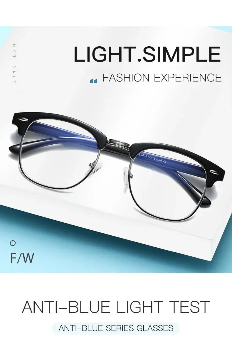 A pair of black-framed glasses with blue lenses displayed on a white background.