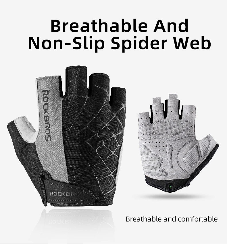 A pair of breathable and non-slip spider web gloves shown in black and gray.