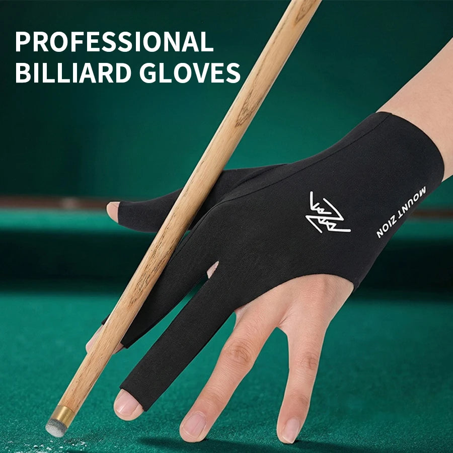 A hand wearing a black professional billiard glove gripping a wooden cue stick on a green felt table.