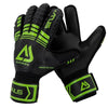 Black and neon green professional football goalkeeper gloves shown from the palm side.