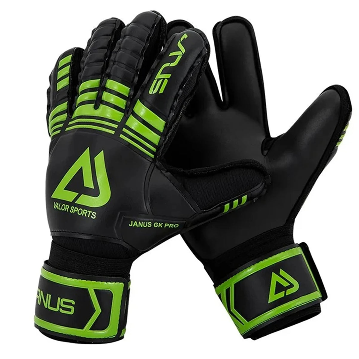 Black and neon green professional football goalkeeper gloves shown from the palm side.