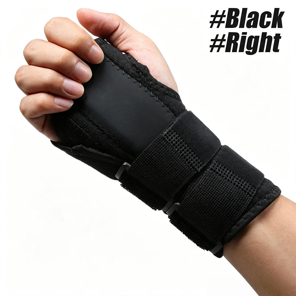 A hand is holding a black supportive wrist splint for pain relief.