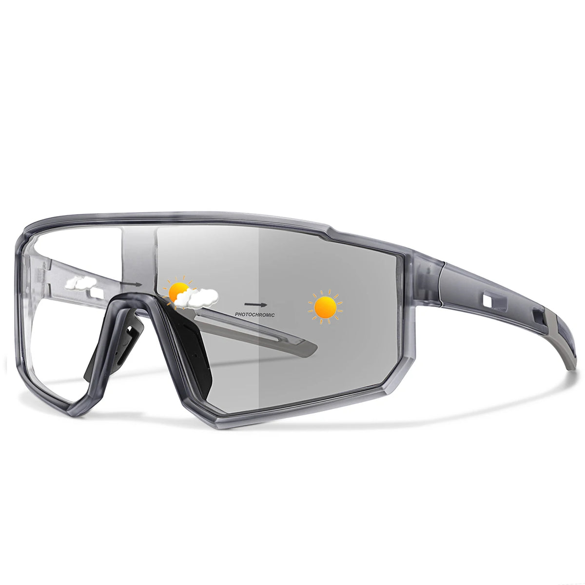 A pair of clear photochromic sports sunglasses with a gray frame and yellow sun icon.