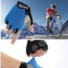 A hand wearing blue and gray breathable anti-slip gym workout gloves is shown in close-up.