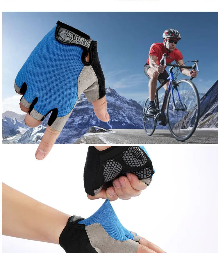 A hand wearing blue and gray breathable anti-slip gym workout gloves is shown in close-up.