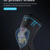 A 3D knitted compression knee support sleeve is shown protecting the knee joint.