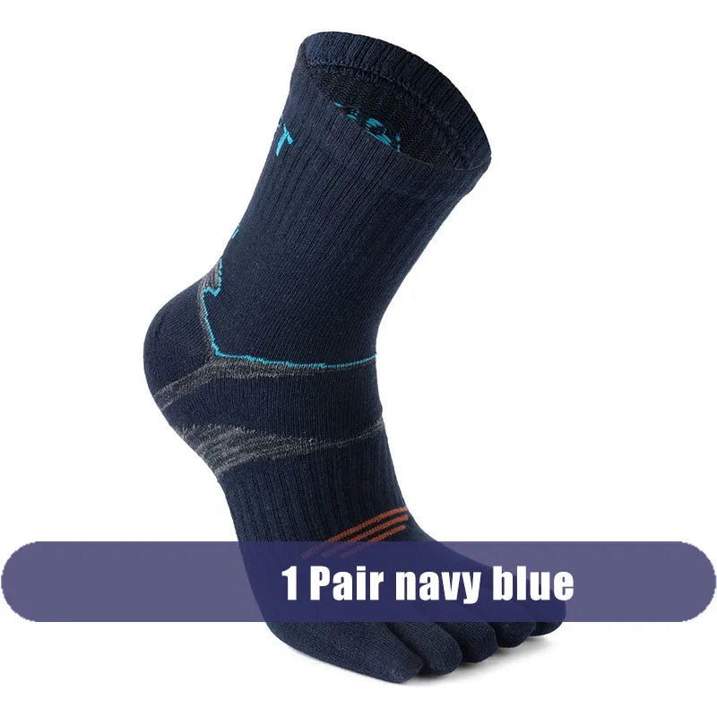 A pair of navy blue men's sport compression socks shown from the side.