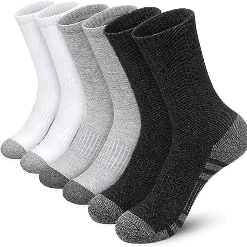 A pack of six men's outdoor gym football socks in various shades of gray and black.