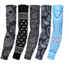 A set of five multi-use sports arm sleeves featuring various paisley and floral patterns in black, purple, and blue.