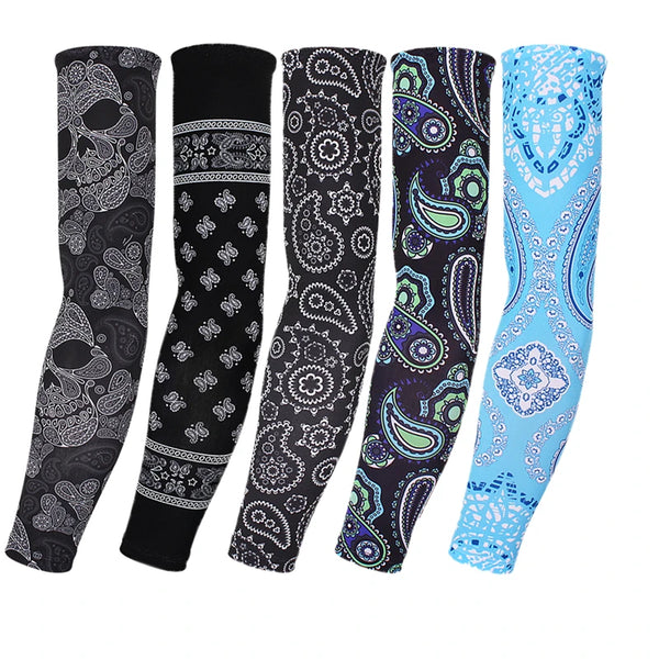 A set of five multi-use sports arm sleeves featuring various paisley and floral patterns in black, purple, and blue.
