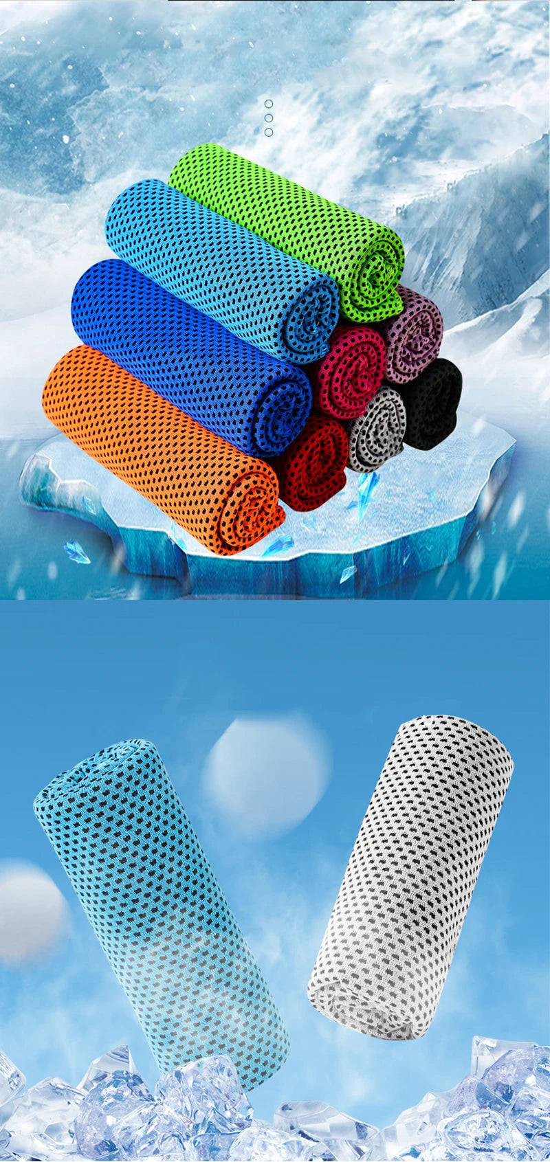 Une pile de serviettes microfibres colorées est posée sur un morceau de glace, avec d'autres serviettes visibles en arrière-p