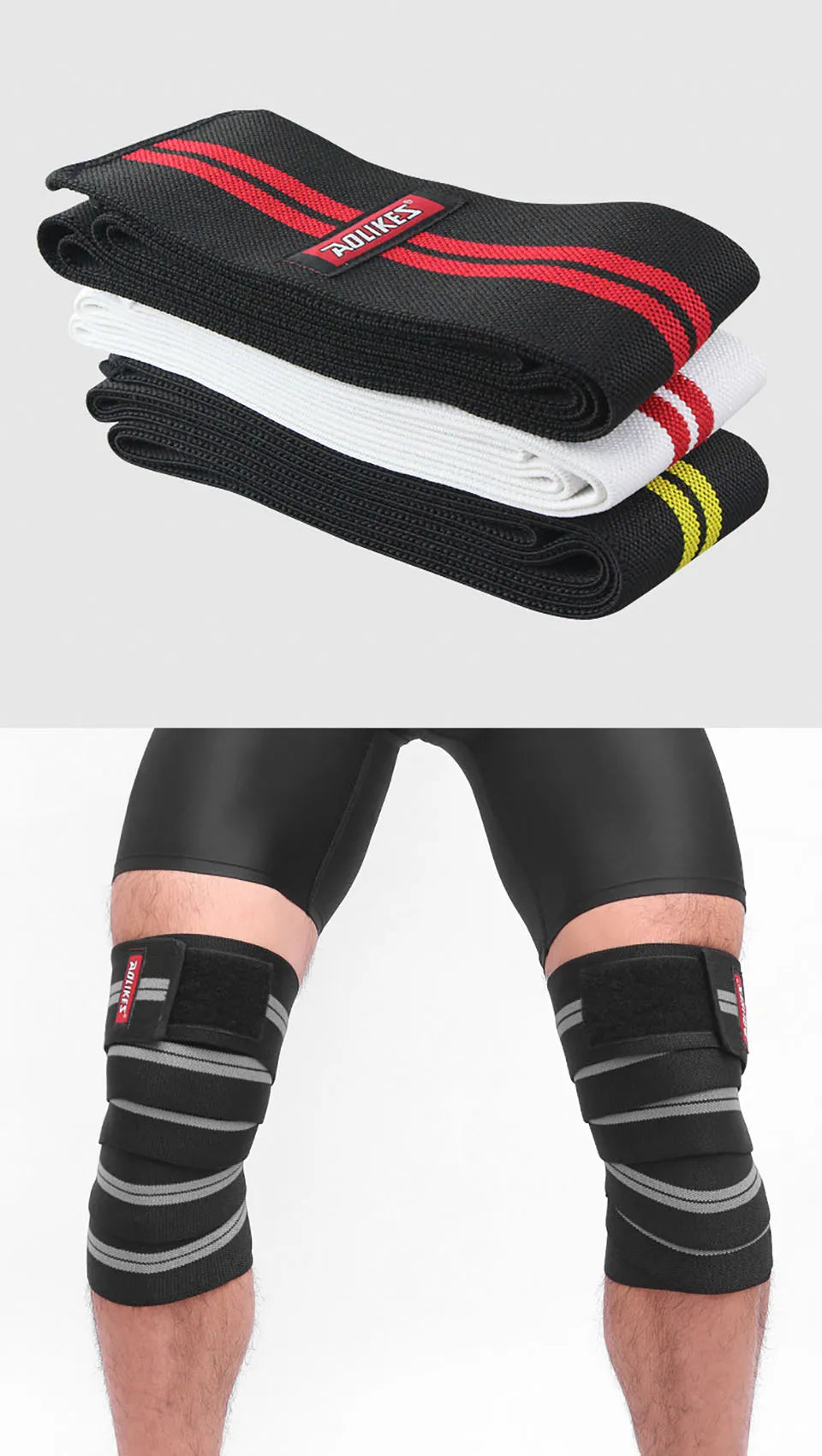 A pair of black, white, and red high-compression knee wraps are shown folded and a pair worn on the lower leg.