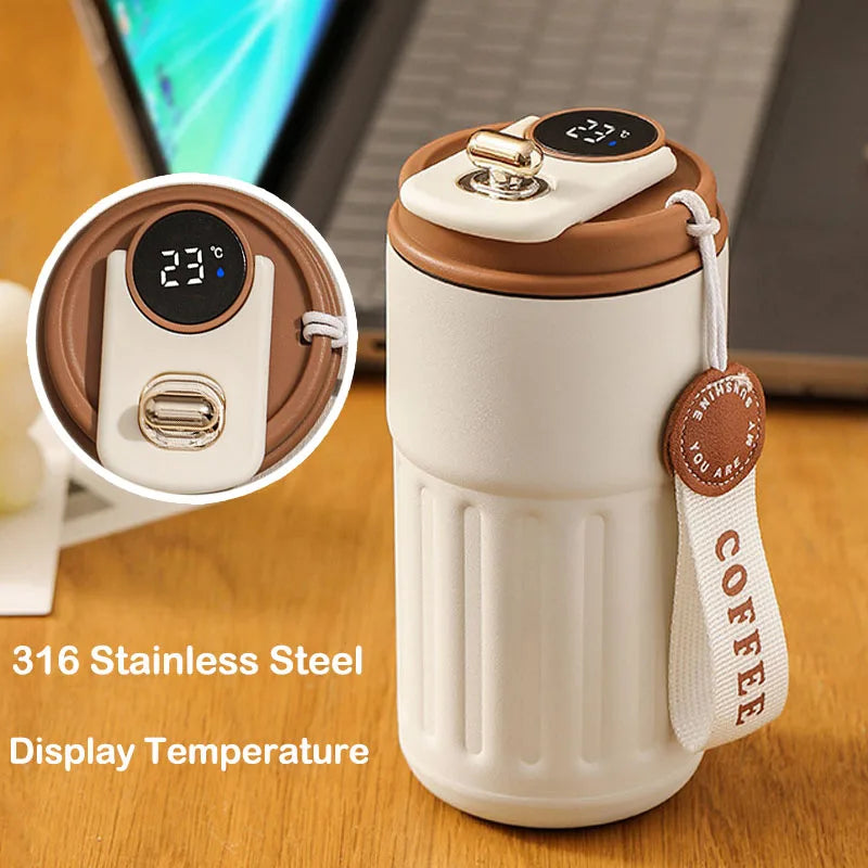 A white insulated thermos bottle with a black digital display showing the temperature, next to a close-up view of the display