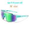 A pair of mint green and purple-tinted sports sunglasses for a child.