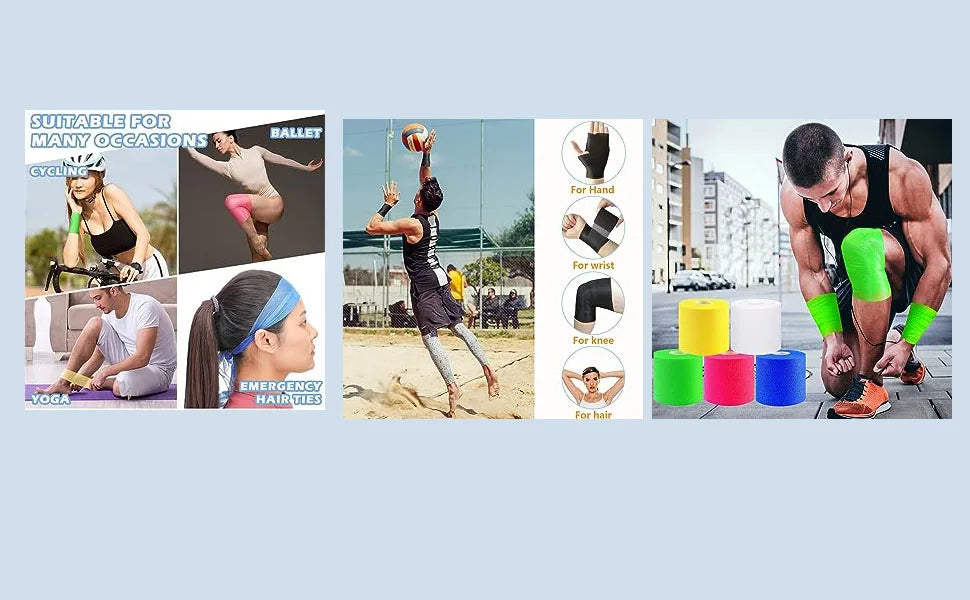 Various colors of protective foam athletic tape wraps shown on hands, feet, and for hair.